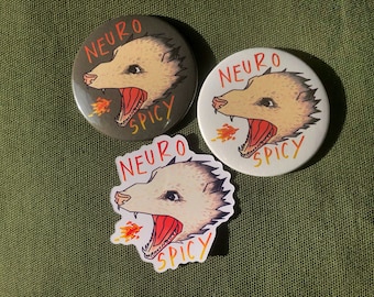 Neurospicy Possum Sticker, Button Badges and Magnets (large 59mm∅)