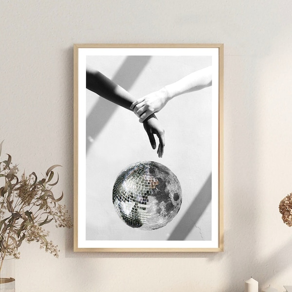 Discokugel Poster, Discokugel Poster, Mond Collage, Spiegelkugel Kunst Raumdeko, Scifi Collage,Boule Disco,Discokugel Malerei