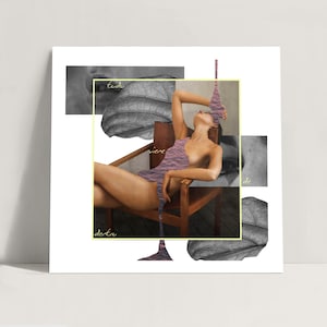 May include: Art print featuring a woman reclining in a wooden chair, with a pink and purple patterned design overlaying her body. The artwork incorporates grayscale images of a leaf and a face, with the words "tode", "vivere", and "dentro" in cursive.