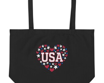 USA Heart Large Organic Tote Bag - Independence Tote, Market Bag, Grocery Bag, Farmhouse Tote Bag, Sturdy Reusable Bag