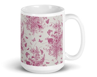 Magenta Toile Pattern 15oz Mug Cottage Core Décor Farmhouse Chic Grandmillennial Boho Cottagecore Aesthetic