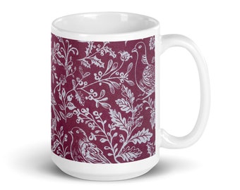 Country Birds White 15oz Glossy Mug Cottage Core Décor Farmhouse Chic Grandmillennial Boho Cottagecore Aesthetic
