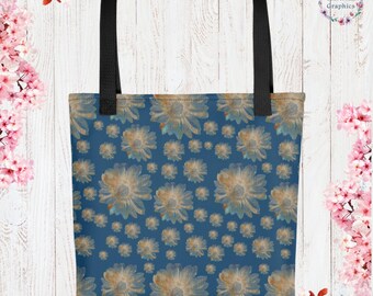 Blue Flower Ephemera Cottage Core Tote Bag Garden Aesthetic Botanical Illustration Reusable Bag Gift Vegan Bag Farmers Market Tote