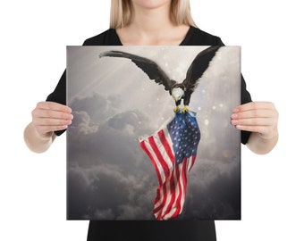 Eagle Carrying Flag on Canvas - American Patriotic Art, USA Art, Patriotic Art on Canvas, Wall Art, Bald Eagle, United States Wall Art