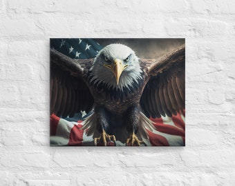 Soaring Eagle and Flag on Canvas - American Patriotic Art, USA Art, Patriotic Art on Canvas, Wall Art, Bald Eagle, United States Wall Art