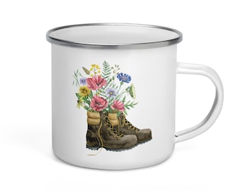 Camping Boots 12 oz Enamel Mug - Camping Coffee Mug, Camp Life Campfire Mug, Camping Mug, Outdoor Mug, Nature Mug, Hiking Mug, Camp Mug