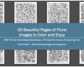 Floral Coloring Book Two - 30 Pages - Coloring Pages, Adult Coloring Pages, Printable Coloring Pages, Instant Download, PDF Coloring Pages
