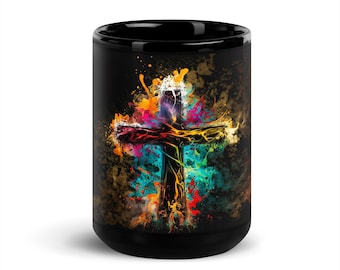 Colorful Cross 15oz Black Glossy Mug - Christian Mug, Christian Coffee Mug, Scripture Mug, Easter Coffee Cup, Easter Gift, Christian Gift