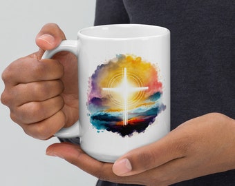 Cross Landscape 15oz White Glossy Mug - Christian Mug, Christian Coffee Mug, Scripture Mug, Easter Coffee Cup, Easter Gift, Christian Gift