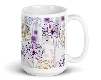 Dandelion Seeds Pattern White 15oz Glossy Mug Cottage Core Décor Farmhouse Chic Grandmillennial Boho Cottagecore Aesthetic
