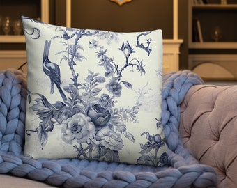 Toile Pattern Blue and White Premium Pillow Cottage Core Décor Farmhouse Chic Grandmillennial Boho Cottagecore Aesthetic