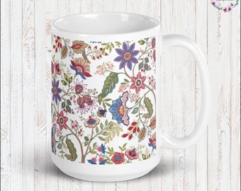 Jacobean Style Cottage Core 11 oz or 15 oz Mug Garden Aesthetic Mug Botanical Floral Print Mug Flowers Cottagecore