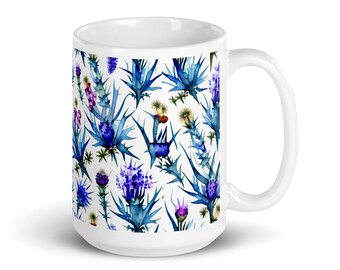 Thistle Pattern 15oz White Glossy Mug - Print Coffee Mug Cottage Core Décor Farmhouse Chic Grandmillennial Boho Cottagecore Aesthetic