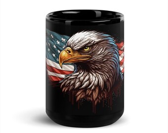 Patriotic Eagle & Flag 15oz Black Glossy Mug - American Patriotic Mug, Patriotic Mug, Patriotic Gift, Patriotic Gifts, America Coffee Mug