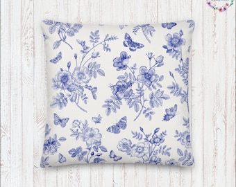 Premium Decorative Pillows Butterfly Blue Toile Pattern Cottage Core Décor Farmhouse Chic Grandmillennial Boho Cottagecore Aesthetic