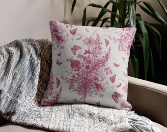 Magenta Toile Pattern Premium Pillow Cottage Core Décor Farmhouse Chic Grandmillennial Boho Cottagecore Aesthetic