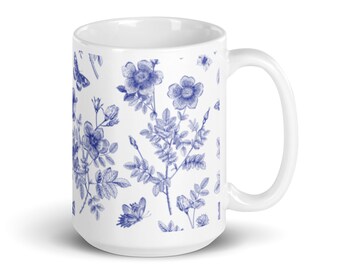Butterfly Blue Toile Cottage Core 11 oz or 15 oz Mug Cottage Core Décor Farmhouse Chic Grandmillennial Boho Cottagecore Aesthetic