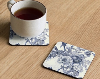 Toile Blue and White Cork-back Coaster - French Country Coffee Table Decor, Gift for Mom, Mother's Day, Vintage Mug, Boho Mug, Cottagecore