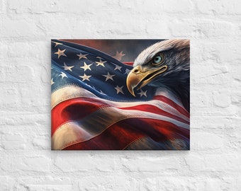 Wavy American Flag with Eagle on Canvas - American Flag, Patriotic Art on Canvas, Wall Art, Bald Eagle, United States Wall Art