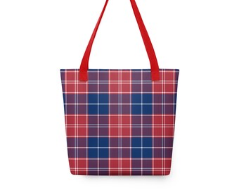 Patriotic Tartan Tote Bag - Independence Tote, Market Bag, Grocery Bag, Farmhouse Tote Bag, Sturdy Reusable Bag