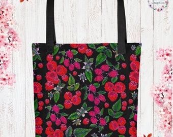 Raspberry Cottage Core Tote Bag Garden Aesthetic Botanical Illustration Reusable Bag Gift Vegan Bag Farmers Market Tote ECO Friendly