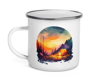 Camp at Sunset 12oz Enamel Mug - Camping Coffee Mug, Camp Life Campfire Mug, Camping Mug, Outdoor Mug, Nature Mug, Hiking Mug, Camp Mug