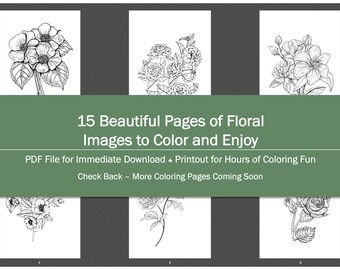 Floral Coloring Book Three - 15 Pages - Coloring Pages, Adult Coloring Pages, Printable Coloring Pages, Instant Download, PDF Coloring Pages