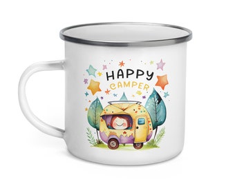 Happy Camper 12oz Enamel Mug - Camping Coffee Mug, Camp Life Campfire Mug, Camping Mug, Outdoor Mug, Nature Mug, Hiking Mug, Camp Mug