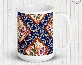 Vintage Asian Floral Cottage Core 11 oz or 15 oz Mug Garden Aesthetic Mug Botanical Floral Print Mug Flowers Cottagecore