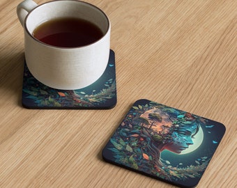 Moonlit Profile Cork-back Coasters - Gift for Mom, Mother's Day Gift, Coaster Set, Cork Back, Cork-back Coasters