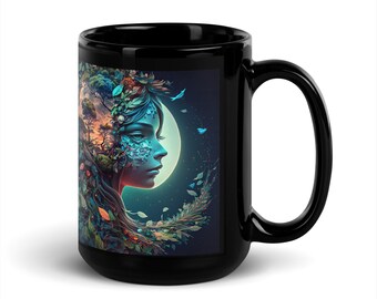 Moonlit Profile 15oz Black Glossy Mug Cottage Core Décor Farmhouse Chic Grandmillennial Boho Cottagecore Aesthetic
