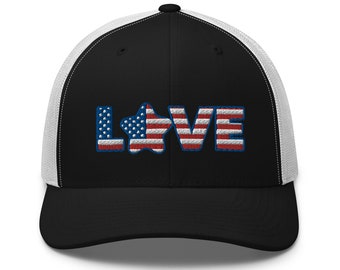 Love America Embroidered Trucker Cap - USA Flag Cap, Patriotic Hat, July 4th, Independence Day, Baseball Cap, America Hat, USA Hat