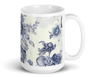 Toile Pattern Blue and White 15oz Glossy Mug Cottage Core Décor Farmhouse Chic Grandmillennial Boho Cottagecore Aesthetic