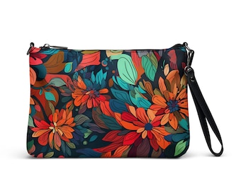 Flower Pattern Crossbody Bag - Gift for Her, Floral Shoulder Bag, Messenger Bag, Wristlet, Boho Purse