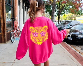 Preppy Tiger Print Sweatshirt | Y2K Kapuzenpullover | Teenager Mädchen Geschenke | Preppy Kleidung | Ozean-Strand-Hoodie | Rundhalsausschnitt | Sommer-Sweatshirt |