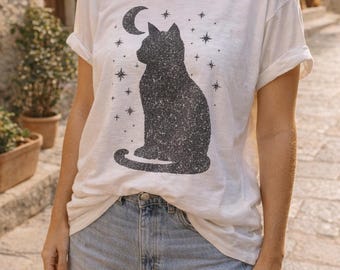 Celestial Cat Shirt Celestial Cat Shirt Cat Lover Gift Cat And Stars Shirt Mystical Cat Tee Cat Mom Shirt Moon And Cat Shirt Cat Lady Gift