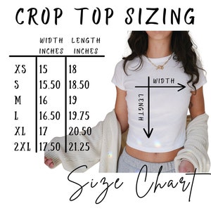 Puede incluir: Tabla de tallas para un top corto con medidas en pulgadas. La tabla muestra el ancho y la longitud del top corto en pulgadas para las tallas XS, S, M, L, XL y 2XL.