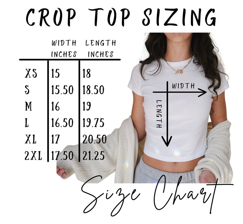 Puede incluir: Tabla de tallas para un top corto con medidas en pulgadas. La tabla muestra el ancho y la longitud del top corto en pulgadas para las tallas XS, S, M, L, XL y 2XL.