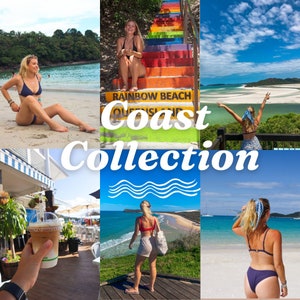 Puede incluir: Un collage de imágenes que muestran a una mujer en bikini azul en una playa, una mujer en bikini rojo en una pasarela de madera con vistas a una playa, una mujer en bikini azul en una playa de arena blanca, una mujer con un vestido azul y blanco en una plataforma de madera con vistas a una playa, y una mujer sentada en una escalera de colores arcoíris con el texto "Rainbow Beach Queensland" y "Coast Collection" en los escalones.