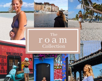 May include: A collage of images featuring a woman traveling to different locations. The images include a woman in a bikini on a beach, a woman in a jacket looking at a city skyline, a woman in a white tank top and shorts walking on a beach, a woman in a blue shirt sitting on a bench in front of a bridge, a woman in a black skirt standing next to a scooter, and a woman in a white shirt sitting in front of a colorful building. The text "The roam Collection" is displayed in the center of the collage.