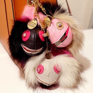Buy Curatelier Rian Faux Fur Khaki Pom Pom Powder Puff Ball With Pink  Grosgrain Ribbon Key Ring Bag Charm