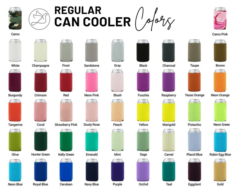 May include: A variety of regular can coolers in various colors, including camo, white, black, and neon shades. The image displays a color chart with names like "Burgundy," "Emerald," and "Purple." The text "REGULAR CAN COOLER Colors" is at the top.