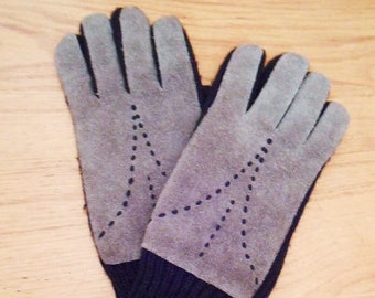 gants originaux des années 70 en daim de laine gris noir