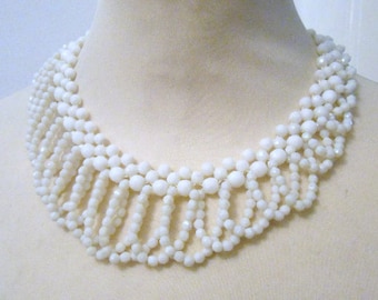 Collier Vintage 1980 - Grosses Perles Rectangles En Pâte De Verre Bleu Et Blanc, Longueur 50 Cm