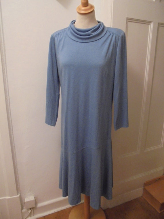 70s Light Blue Jersey Dress Turtleneck Size 38-40 - Etsy
