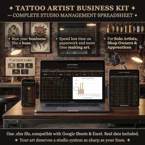 May include: A complete tattoo artist business kit displayed on a desk. The kit includes a laptop, tablet, and smartphone, all showing spreadsheet data. Text on the screen reads "Ink & True Studio." The image also includes text: "Run your business like a boss."