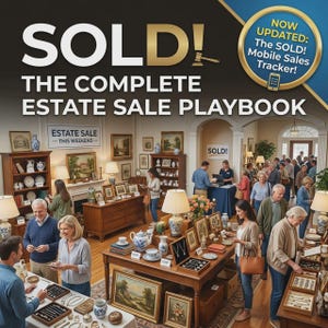 Könnte beinhalten: Ein digitaler Leitfaden mit dem Titel SOLD! THE COMPLETE ESTATE SALE PLAYBOOK, inklusive eines goldenen runden Abzeichens mit der Aufschrift NOW UPDATED: The SOLD! Mobile Sales Tracker! Der Hintergrund zeigt einen belebten Nachlassverkauf.