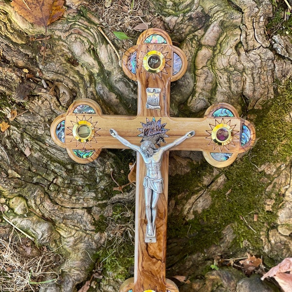 11 Inch Authentic Mother of Pearl Cross olive Wood cross l Wall Hanging Crucifix with Mother of Pearl and Holy Relics