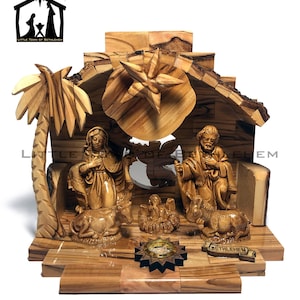 Rustic Large Olive Wood Musical Nativity Scene with Holy incense / Bark roof l The holy family handmade nativity set