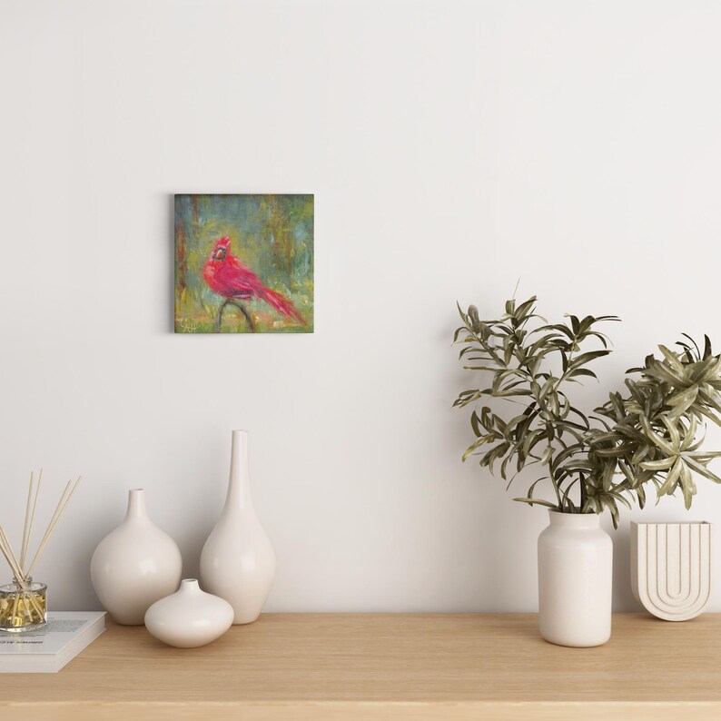 Cardinal Canvas Print of original oil painting, Red bird Giclee Art, Gallery-wrapped canvas, Winter Bird wall decor image 3